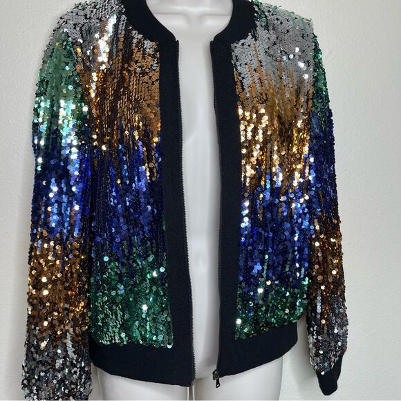Starlette Multi Color Sequin Bomber Jacket Zip Front Lined Women Size Medium - Picture 3 of 14